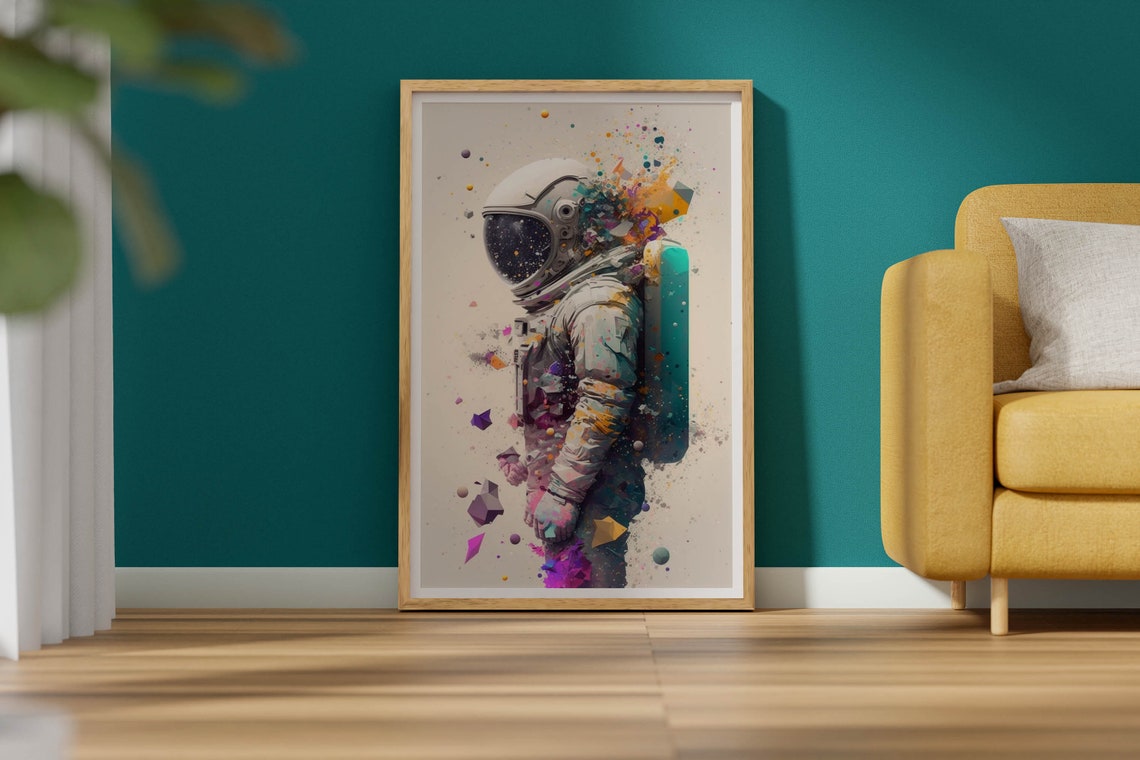 Pastel Geometric Astronaut Poster Confetti Shapes Cream Background Art - Image 2