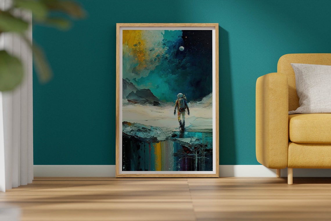 Astronaut Walking Icy Cliff Edge Poster Colorful Reflection Sky Art - Image 2
