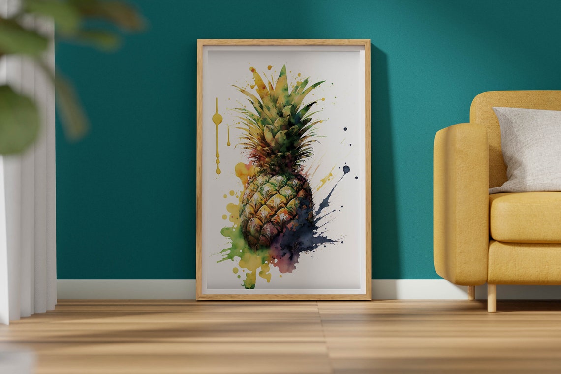 Watercolor Pineapple Poster Tropical Fruit Paint Splash Kitchen Art - Image 2