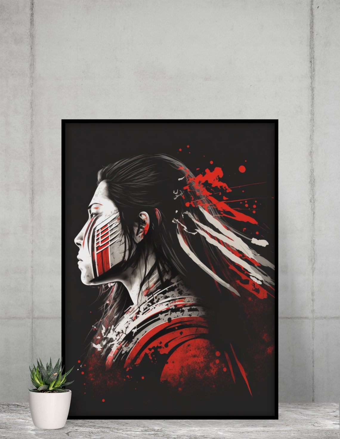Japanese Warrior Woman Profile Red Ink Splash Portrait Poster - Image 2