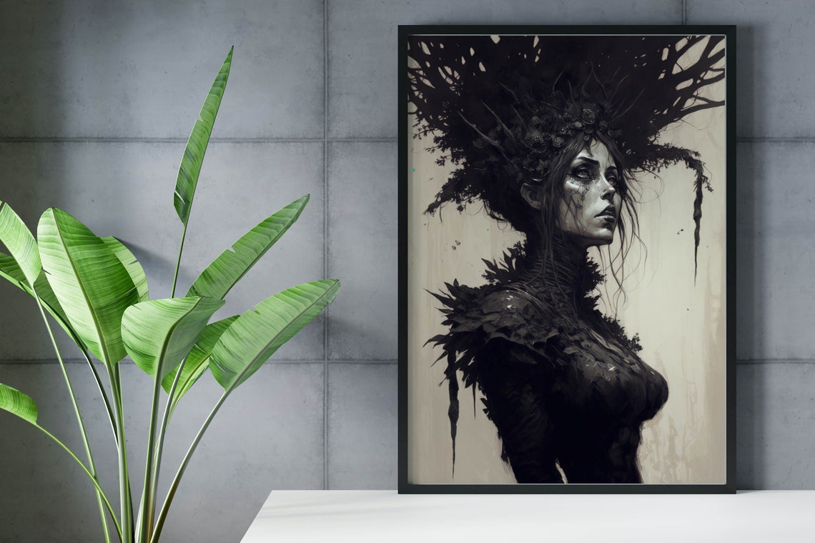 Haunting Dark Forest Queen Branch Crown Ink Portrait Wall Art - Image 2