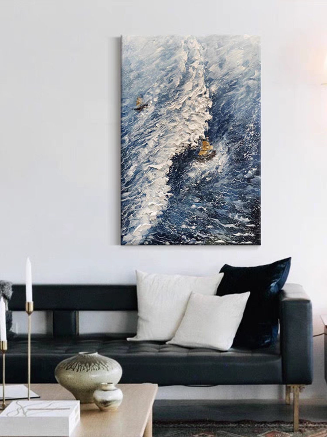 Tall Ship on Blue Ocean Waves Textured Nautical Seascape Poster - Image 2
