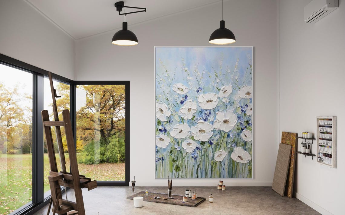Tall White Flowers with Blue Wildflowers on a Sky Blue Art Poster - Image 2