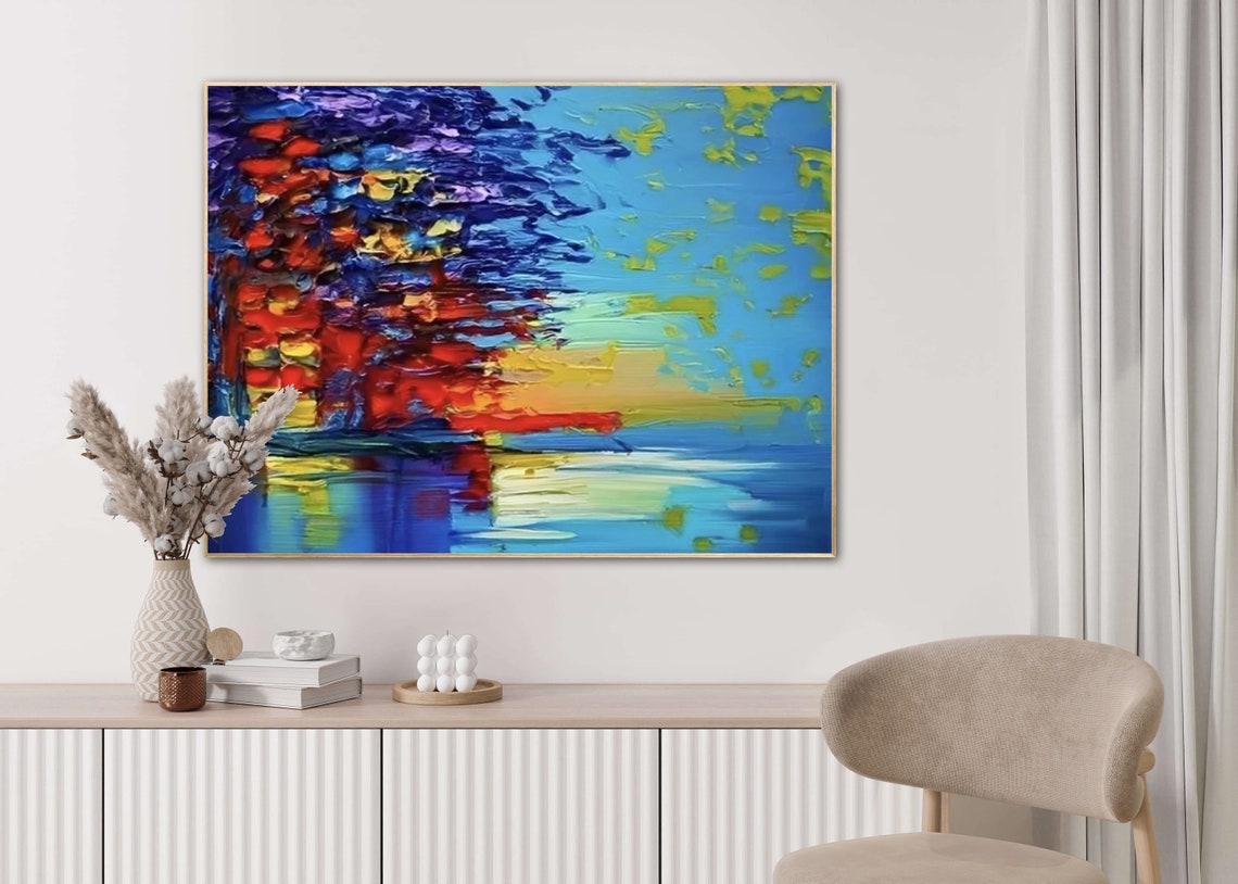Blue and Red Abstract Tree Beside the Water Impasto Art Poster - Image 2
