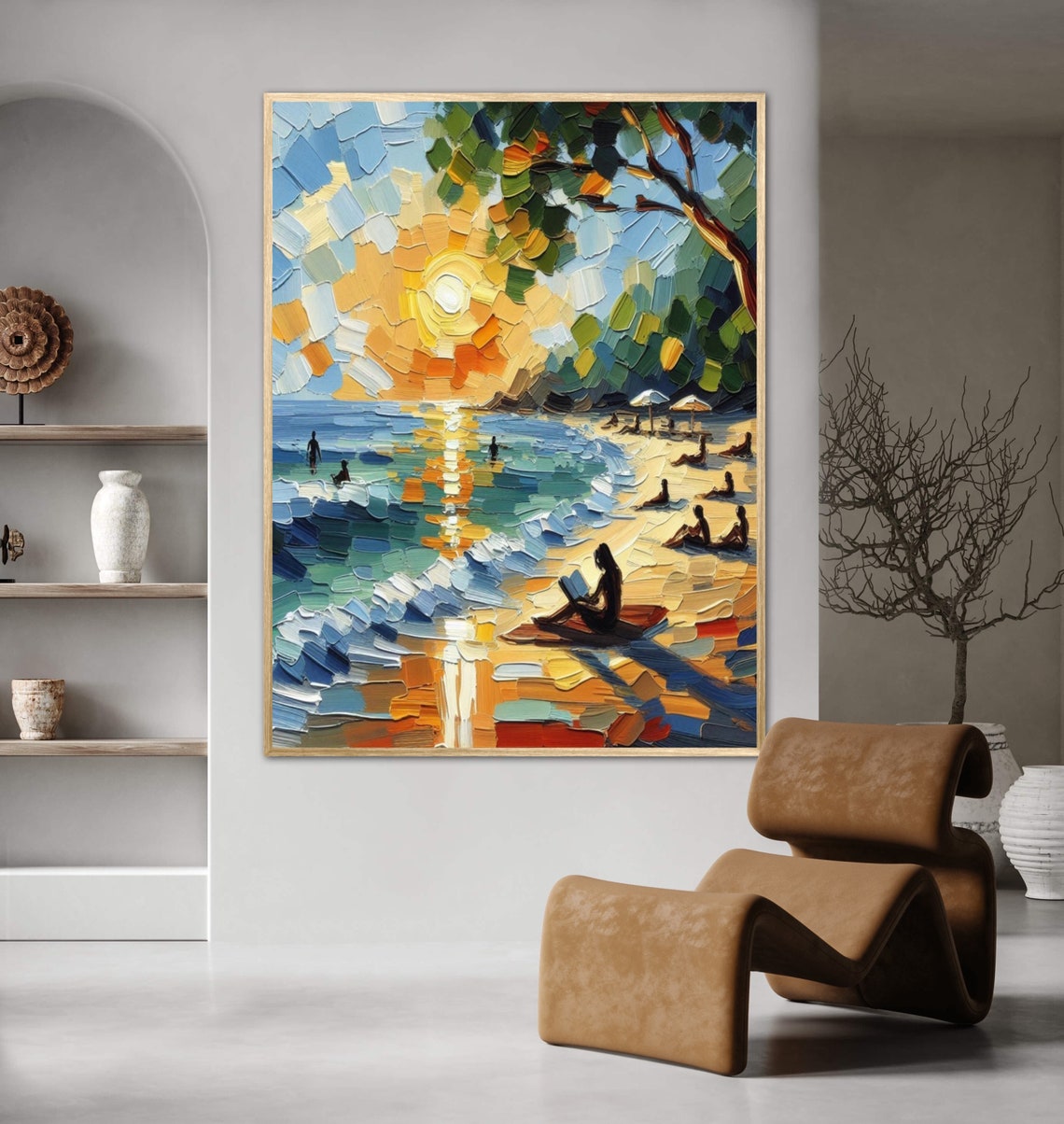 Sunset Beach With Reading Silhouette Impasto Coastal Art Poster - Image 4