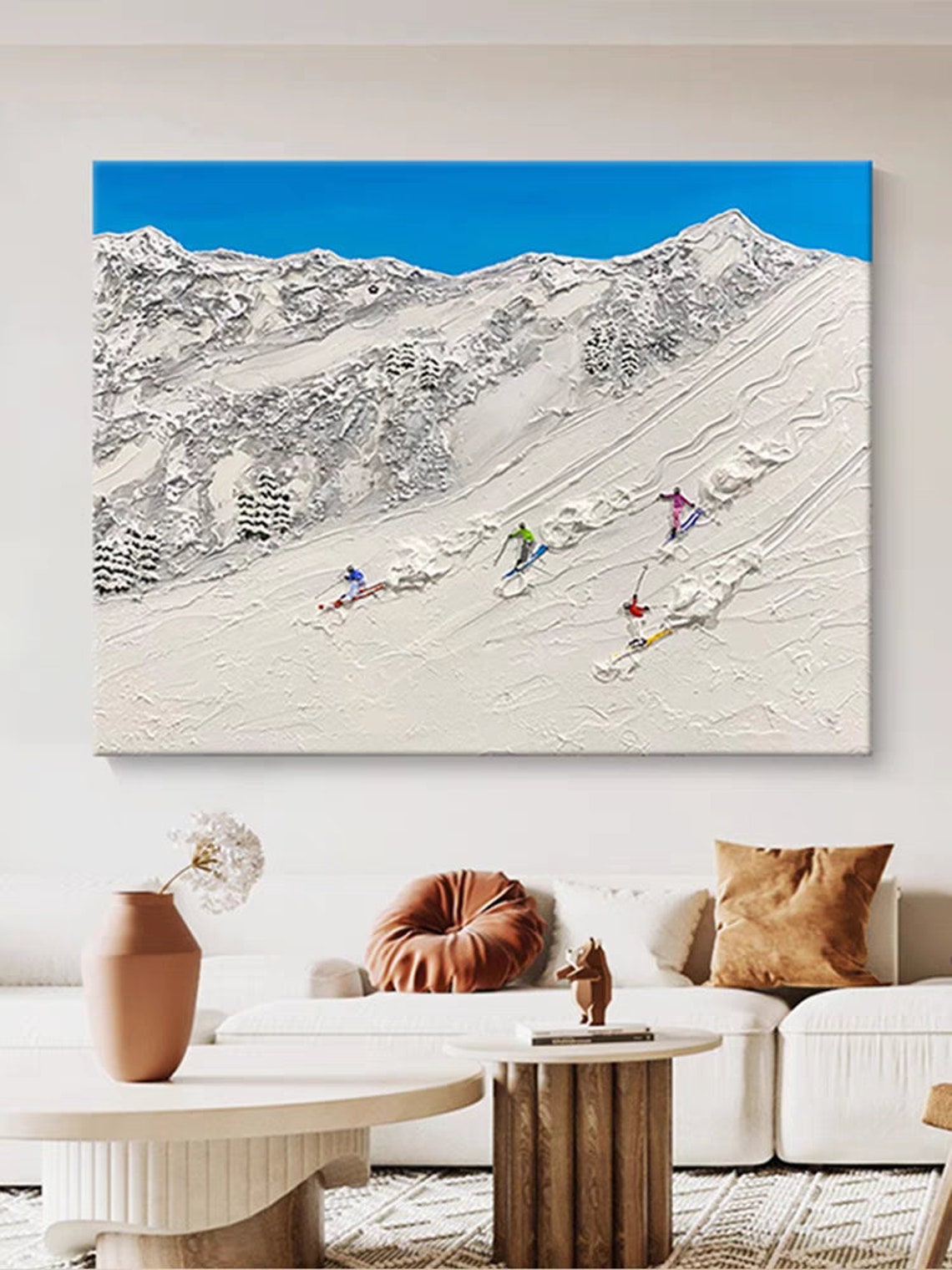 Skiing At Snowy Mountain Original Landscape Art Hand Painted Palette Knife Artwork Vibrant Wall Art Customizable Art For Living Room - Image 3