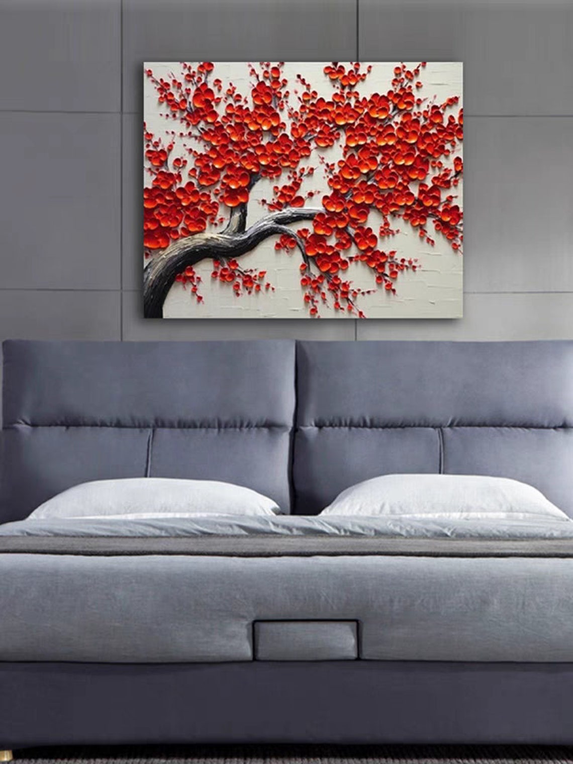 Red Blossom Tree Black Branch Sculpted 3D Floral Oil Painting Poster - Image 2