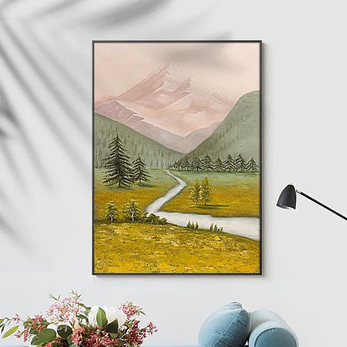 Autumn Valley with Pink Mountains and Winding River Art Poster - Image 2
