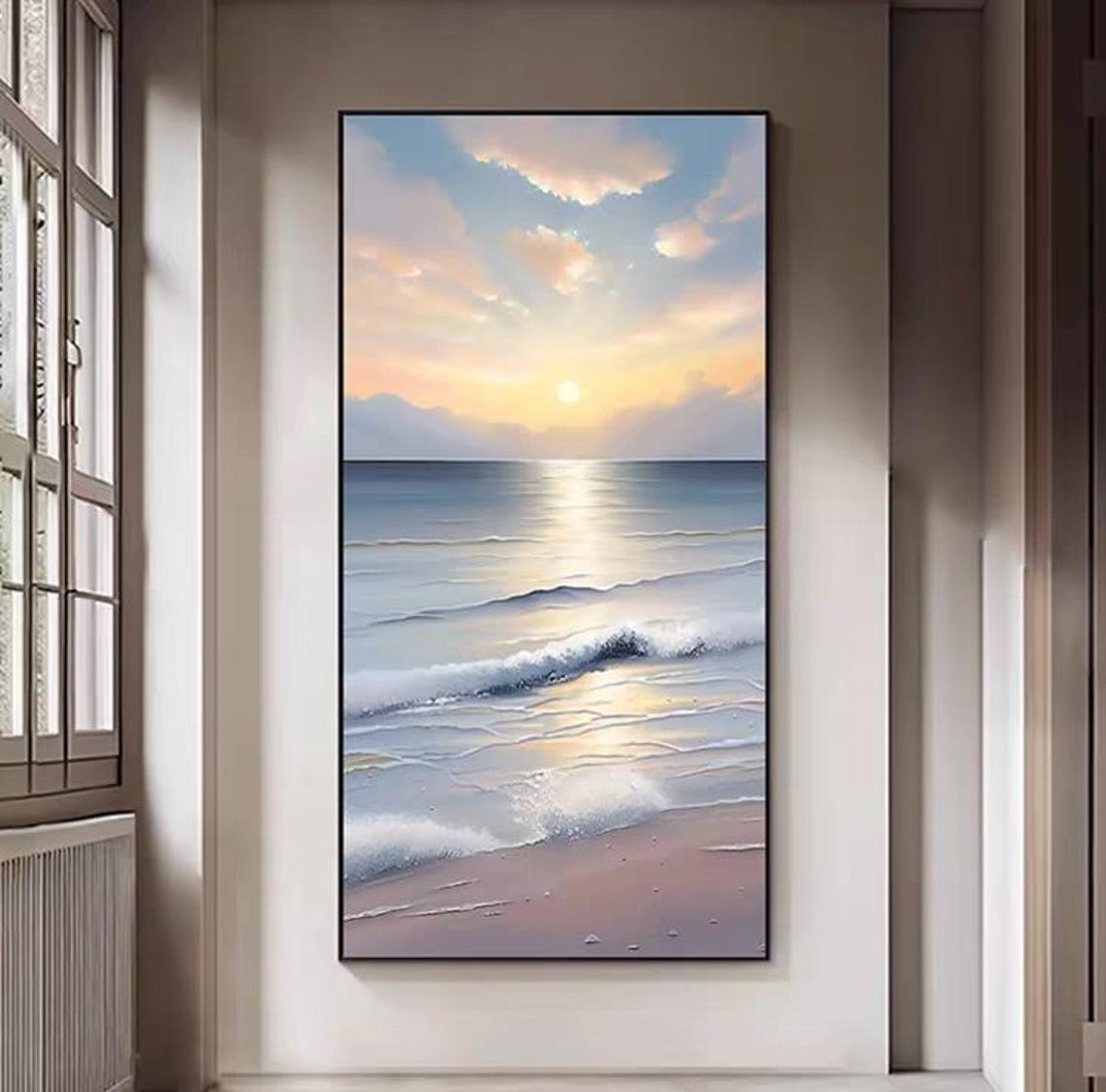 Golden Sunrise over Rolling Ocean Waves Beach Scene Art Poster - Image 2
