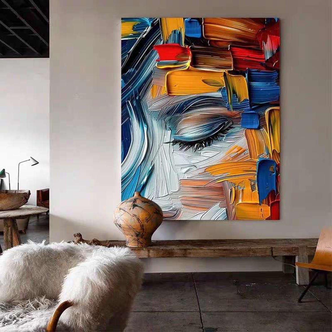 Closed Eye in Blue and Orange Palette Knife Strokes Art Poster - Image 3