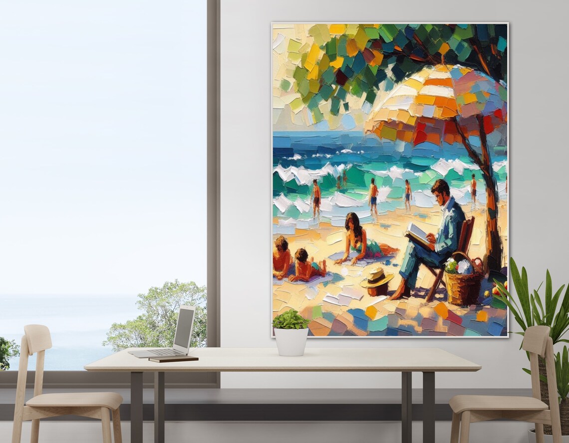 Family Beach Day Reading With Picnic Impasto Coastal Art Poster - Image 2