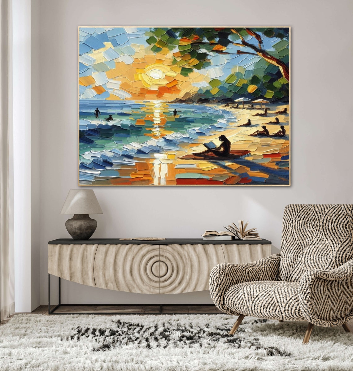 Sunset Beach Reader Silhouette Square Impasto Coastal Art Poster - Image 2