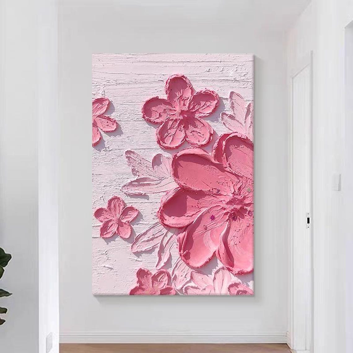 Pink 3D Textured Flowers on Blush Background Floral Art Poster - Image 2