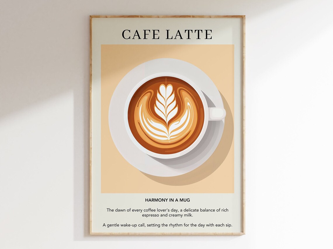 Cafe Latte Coffee Print Art Poster, Retro Italian Kitchen