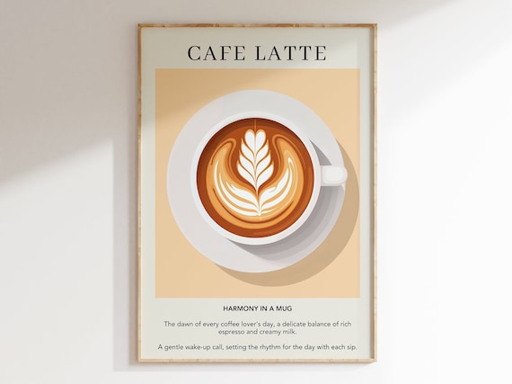 Cafe Latte Coffee Print Art Poster, Retro Italian Kitchen