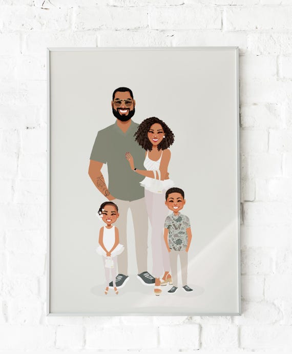 Custom Faceless Cartoon Family Portrait of Four From Photo Wall Art