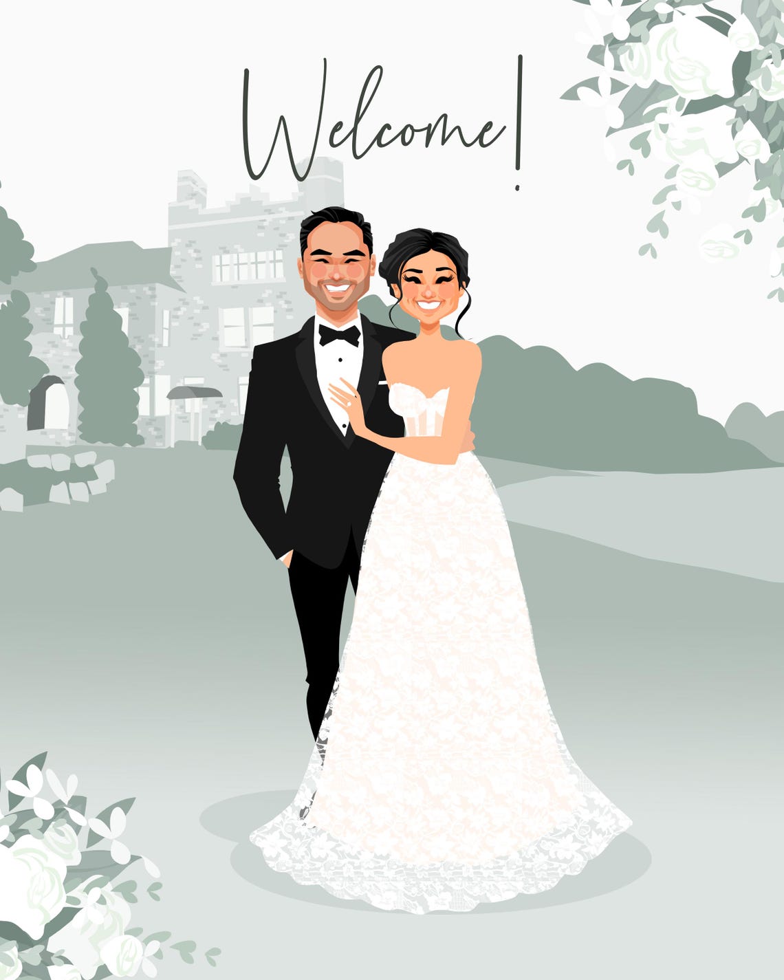 Custom German Wedding Welcome Sign Couple Portrait With Chateau Poster - Image 3