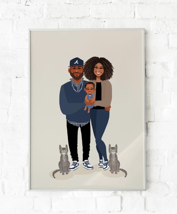 Custom Illustrated Family Portrait With Baby and Two Gray Cats Poster