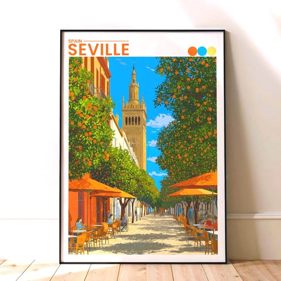 Seville Travel Poster Orange Tree Street Print Spain Wall Art