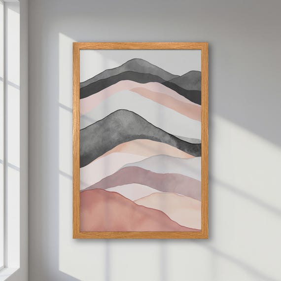 Soft Pastel Mountain Landscape In Grey And Pink Framed Abstract Poster Contemporary Art Print Minimalist Artwork For Trendy Decor