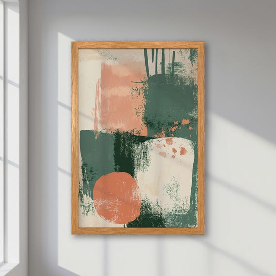 Framed Abstract Poster Modern Art With Bold Brushstrokes Pastel Green And Peach Hues Print Minimalist Geometric Artwork Unique Gift