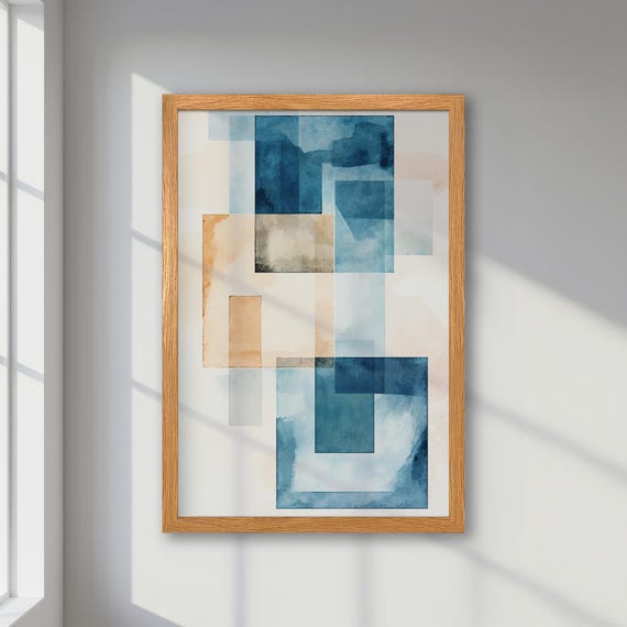 Framed Abstract Poster Geometric Pastel Art With Blue And Beige Palette Print Modern Minimalism Art For Unique Office Decor