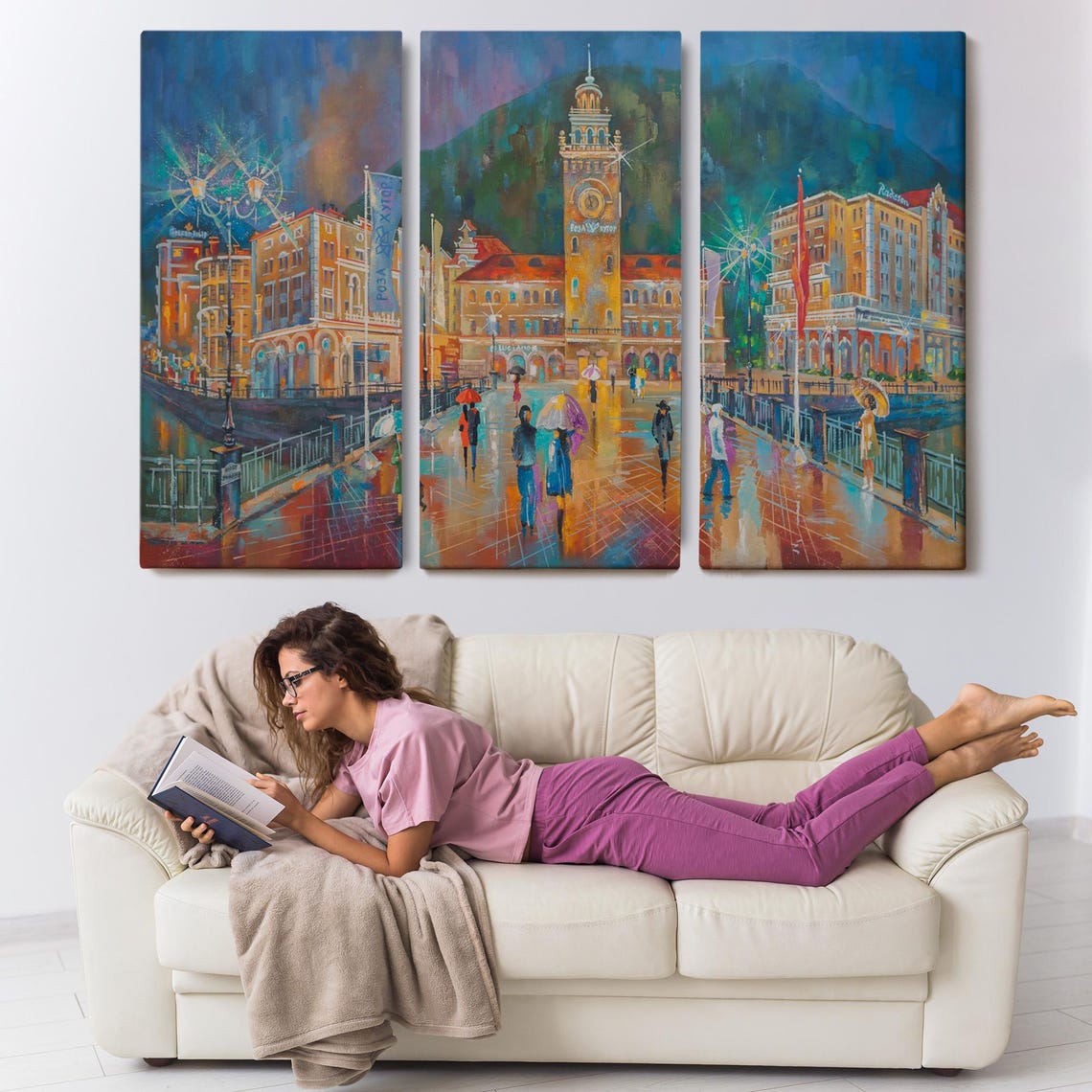 Rainy Evening Old Town Square Clock Tower Umbrella Lights Poster - Image 3