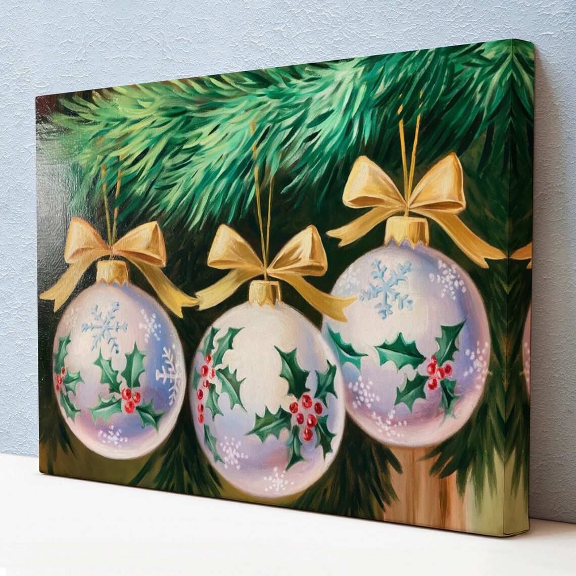 White Christmas Ornaments Gold Bows Holly Berries Pine Holiday Poster