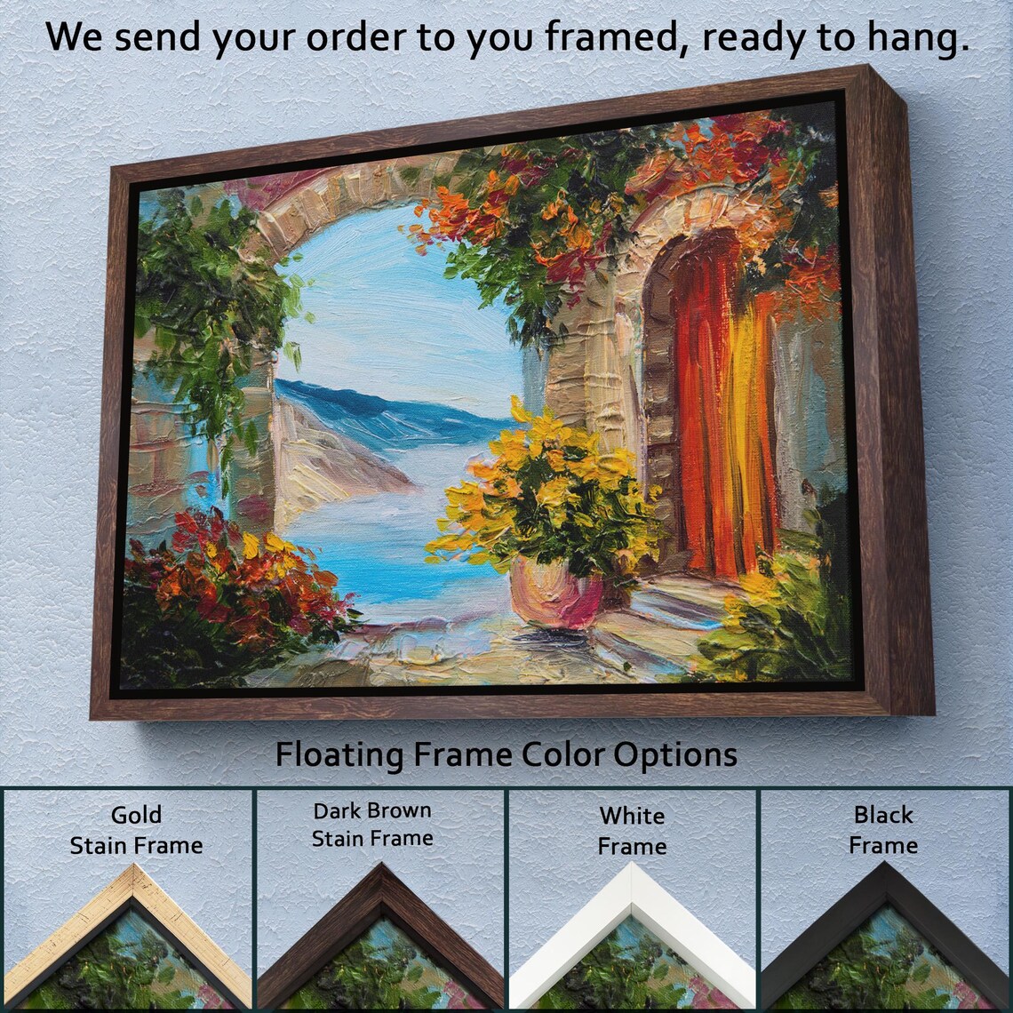 Mediterranean Stone Arch Terrace Red Door Sea View Flower Poster - Image 3