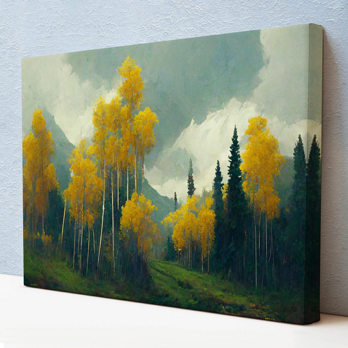 Golden Birch Forest Misty Mountain Slope Autumn Fog Travel Poster