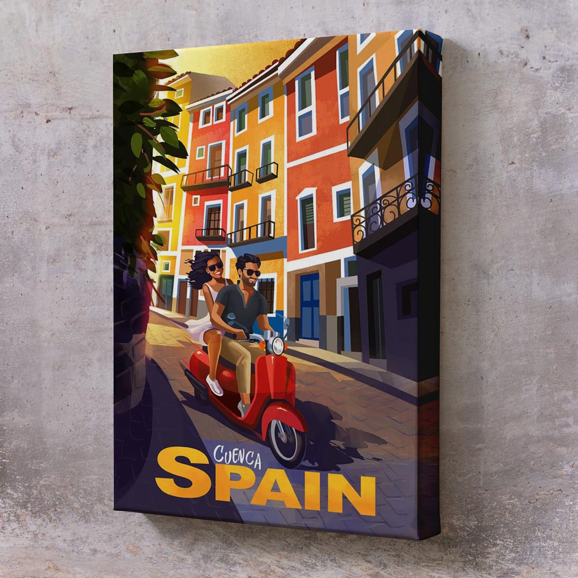 Cuenca Spain Vintage Travel Poster Couple Red Scooter Old Town Print