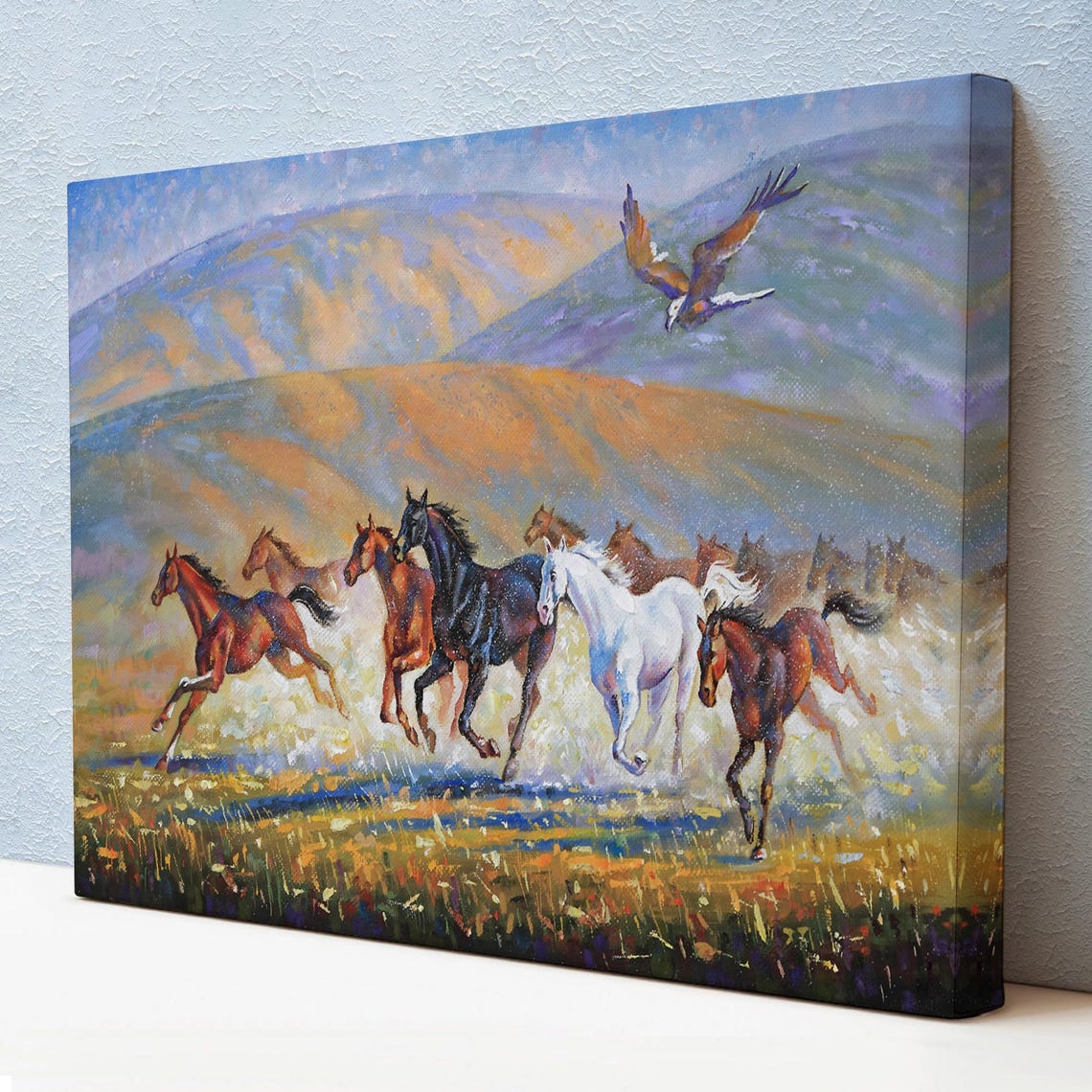 Wild Horses Galloping Herd Soaring Eagle Mountain Valley Wall Art