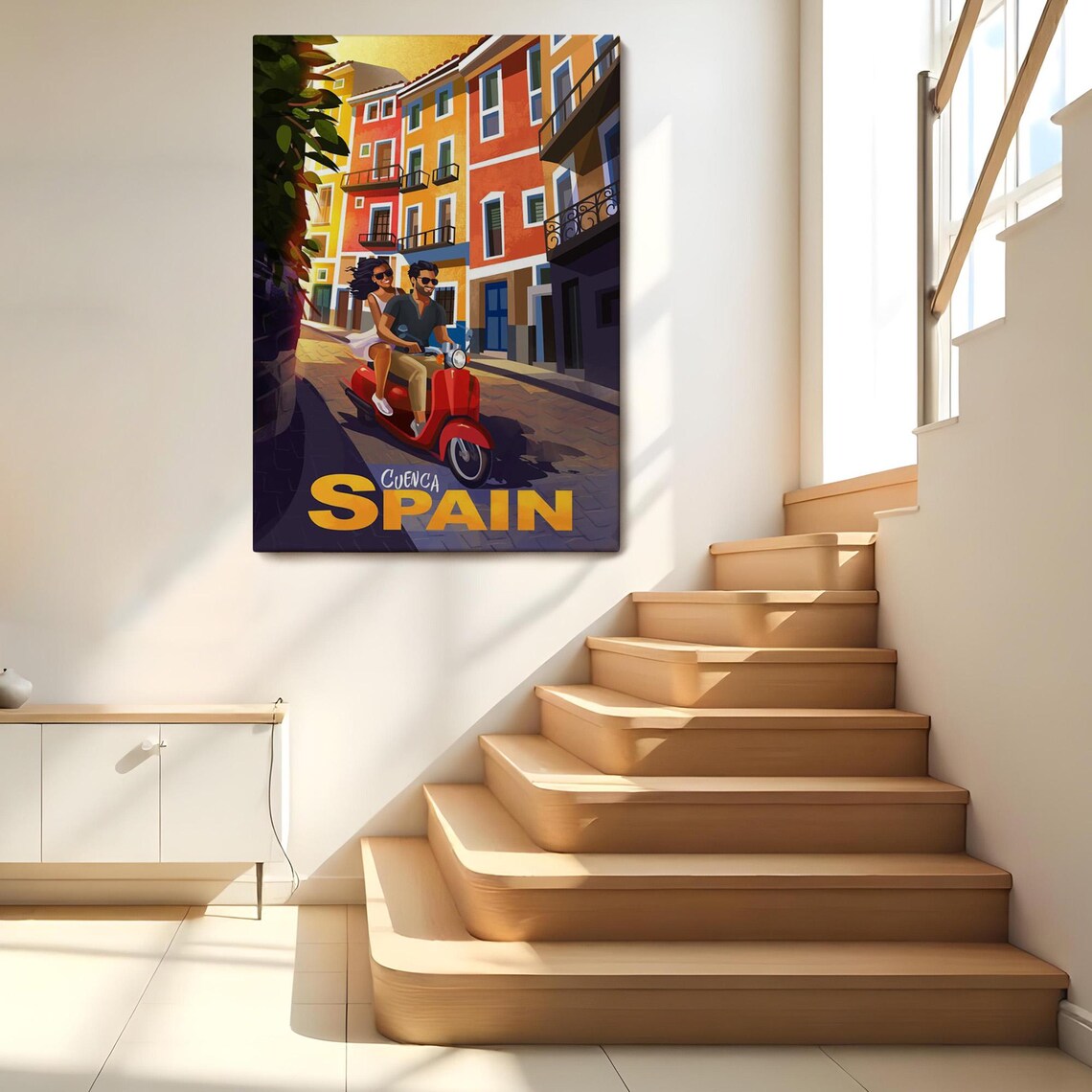 Cuenca Spain Vintage Travel Poster Couple Red Scooter Old Town Print - Image 2