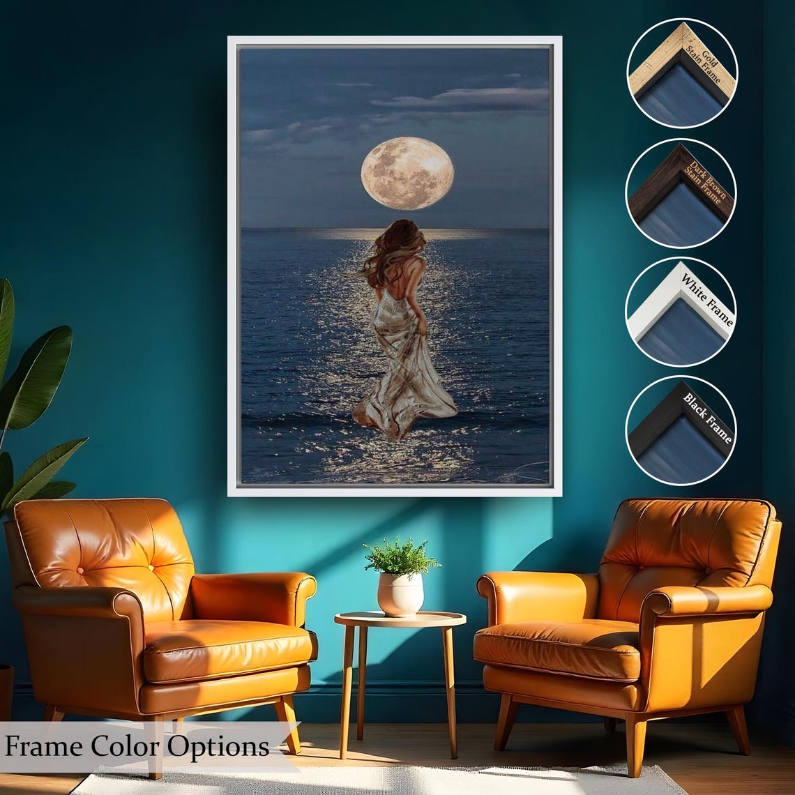 Woman In White Dress Walking Into Moonlit Ocean Night Art Poster - Image 2