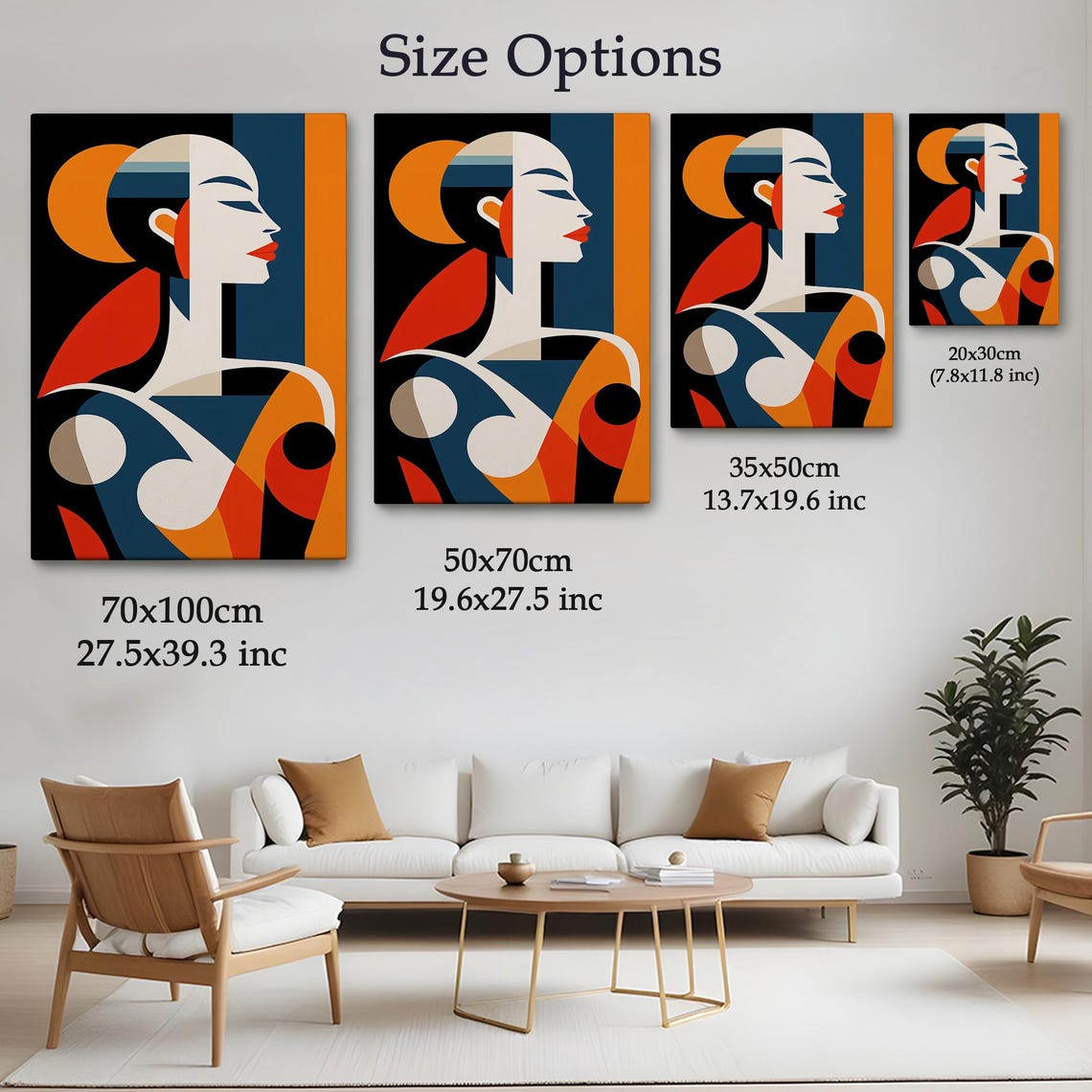 Art Deco Woman Profile Navy Orange Cubist Elegant Portrait Wall Art - Image 4