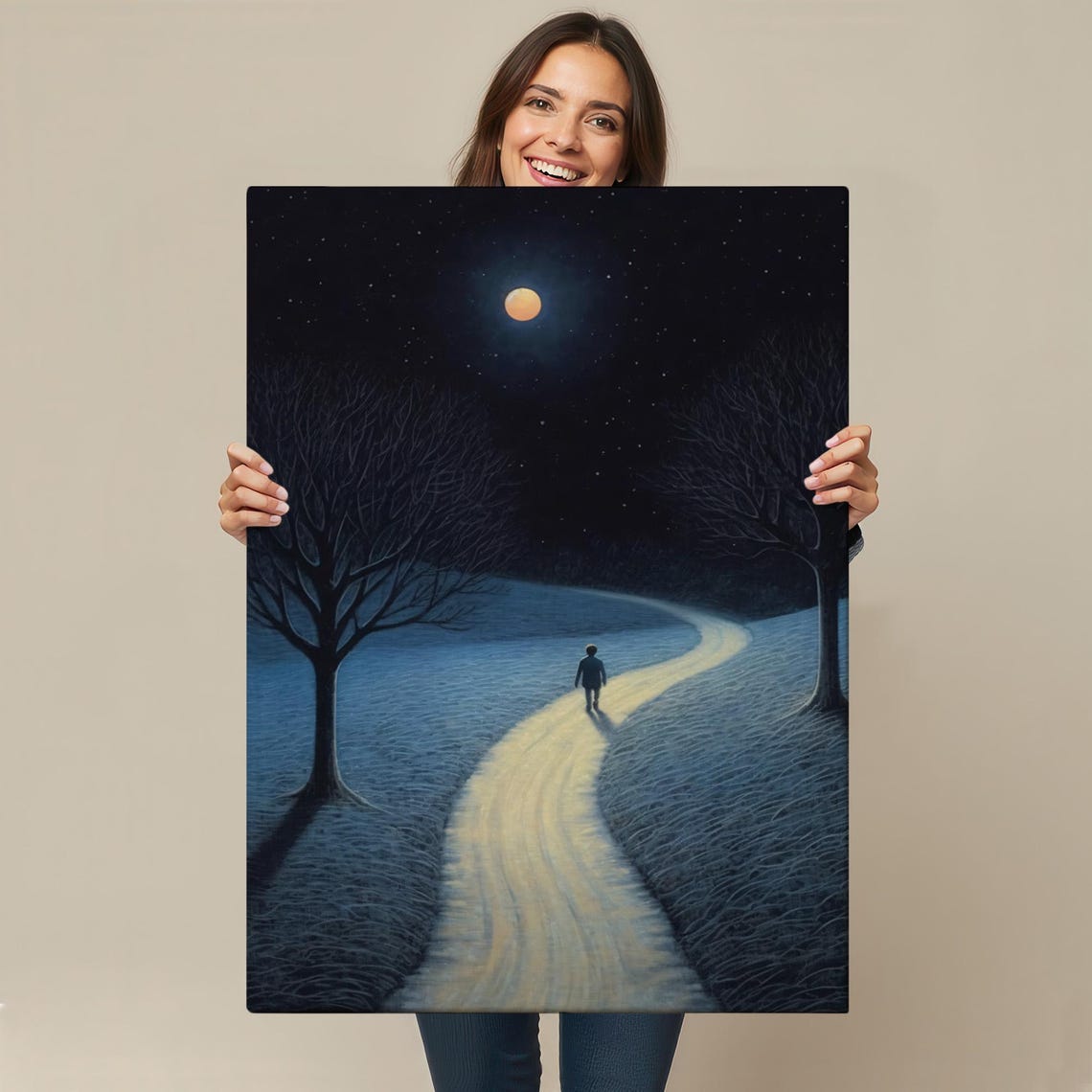 Lone Figure Moonlit Path Orange Moon Starry Night Dreamlike Poster - Image 4