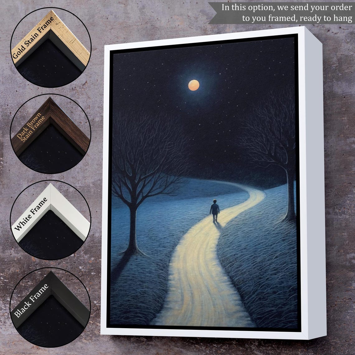 Lone Figure Moonlit Path Orange Moon Starry Night Dreamlike Poster - Image 3