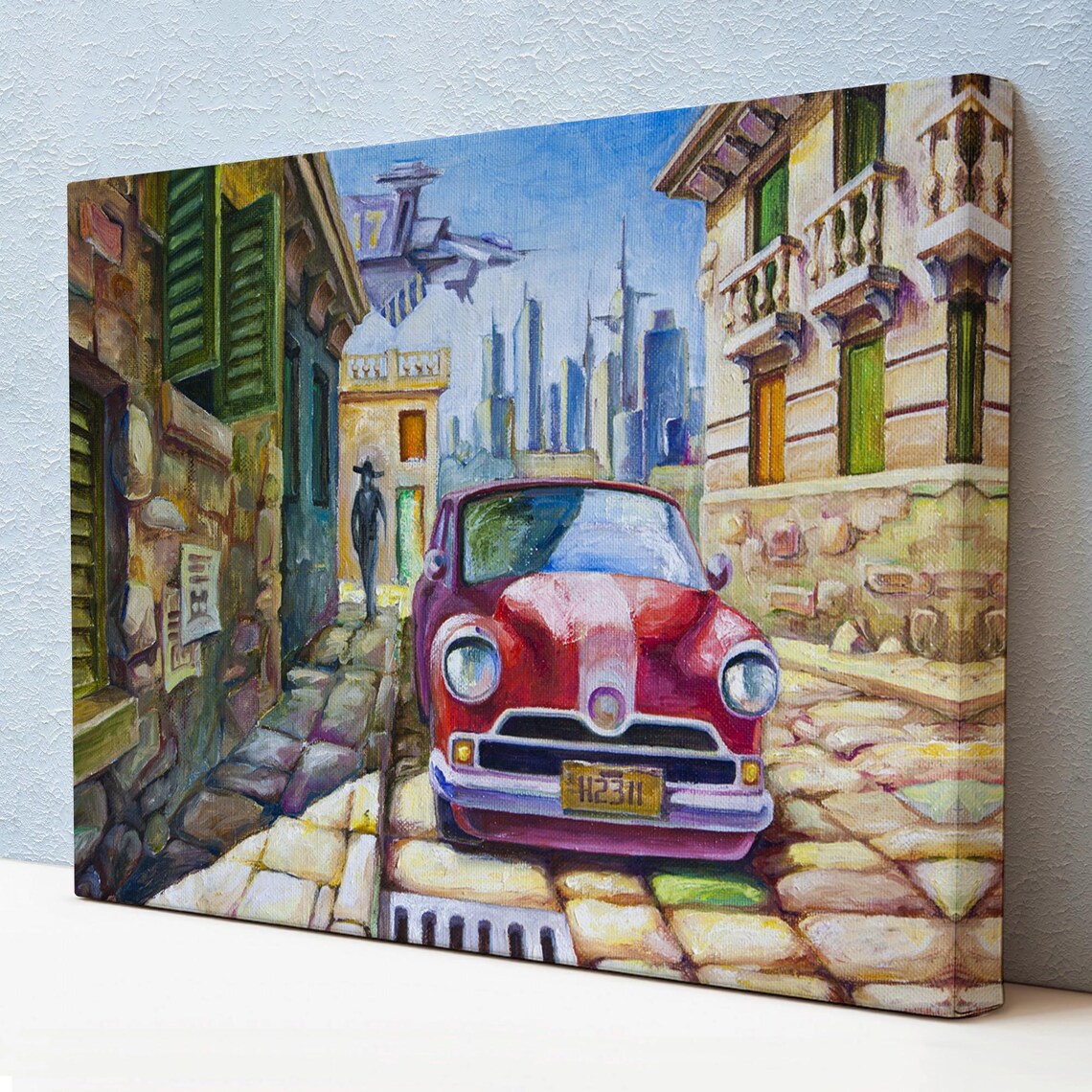 Red Vintage Car Old European Street Surreal Cityscape Auto Poster