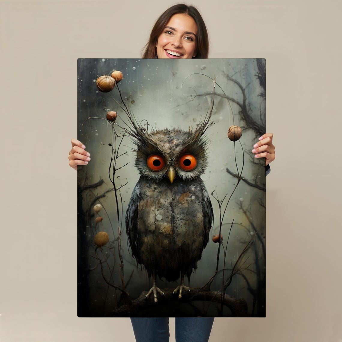 Wide Eyed Scruffy Owl Dried Branches Misty Woodland Art Poster - Image 4