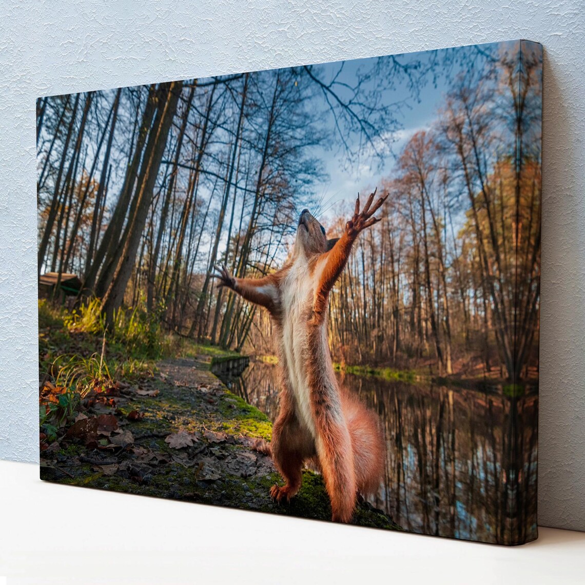Red Squirrel Standing In Autumn Forest By Lake Whimsical Wildlife Wall Art
