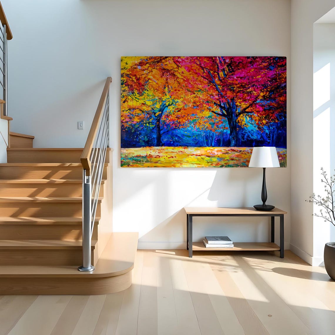 Vivid Autumn Forest Red Orange Magenta Trees Fall Foliage Oil Poster - Image 2