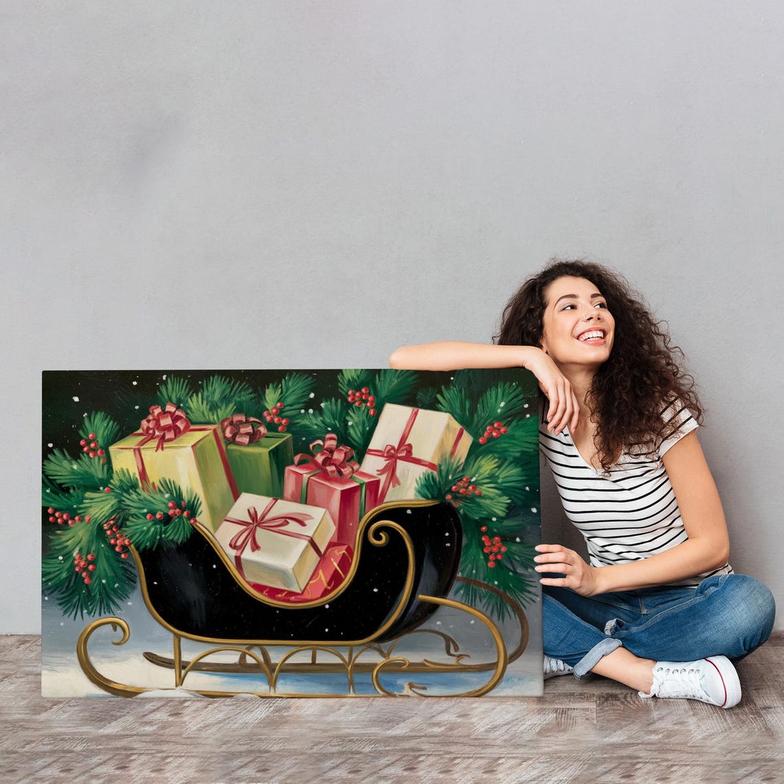 Black Gold Christmas Sleigh Colorful Gifts Pine Berries Festive Poster - Image 4