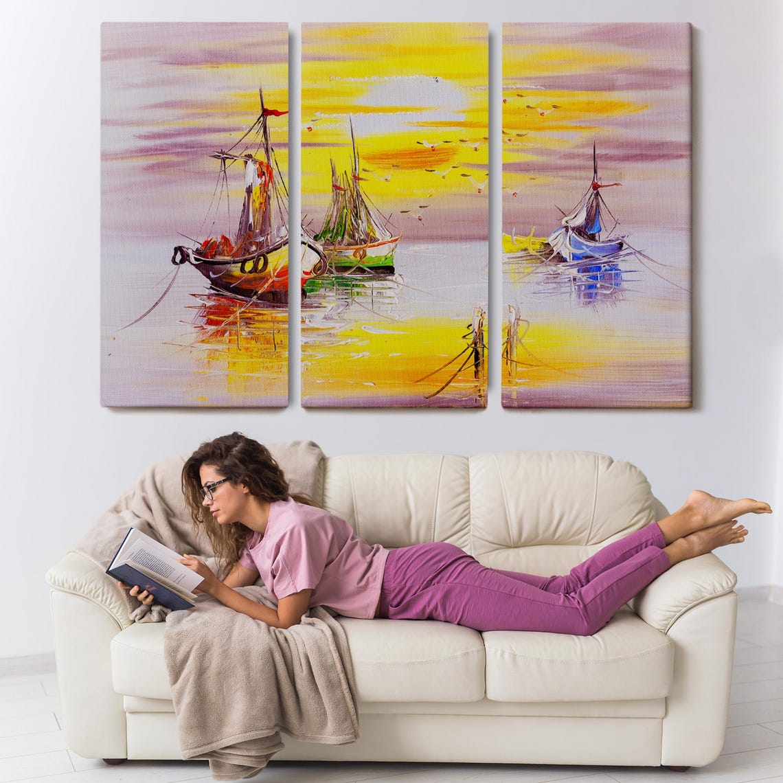 Golden Sunset Sailboats Harbor Seagulls Impressionist Art Poster - Image 3