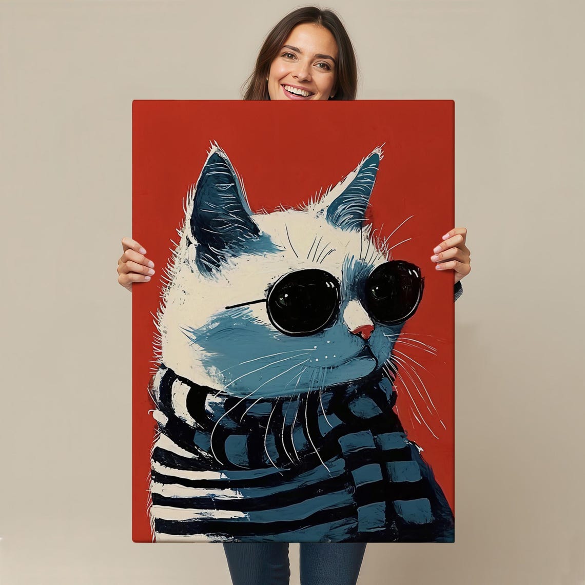 Cool Cat Wearing Sunglasses Striped Scarf Red Pop Art Poster - Image 4