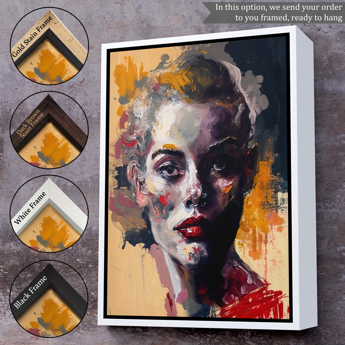 Expressive Abstract Woman Portrait Red Lips Dramatic Brushwork Wall Art - Image 3