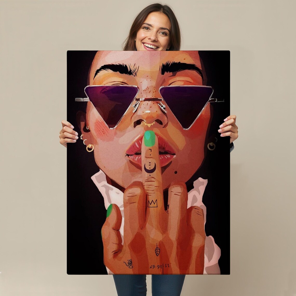 Stylized Woman In Triangle Sunglasses Making Shh Gesture Pop Art Poster - Image 4