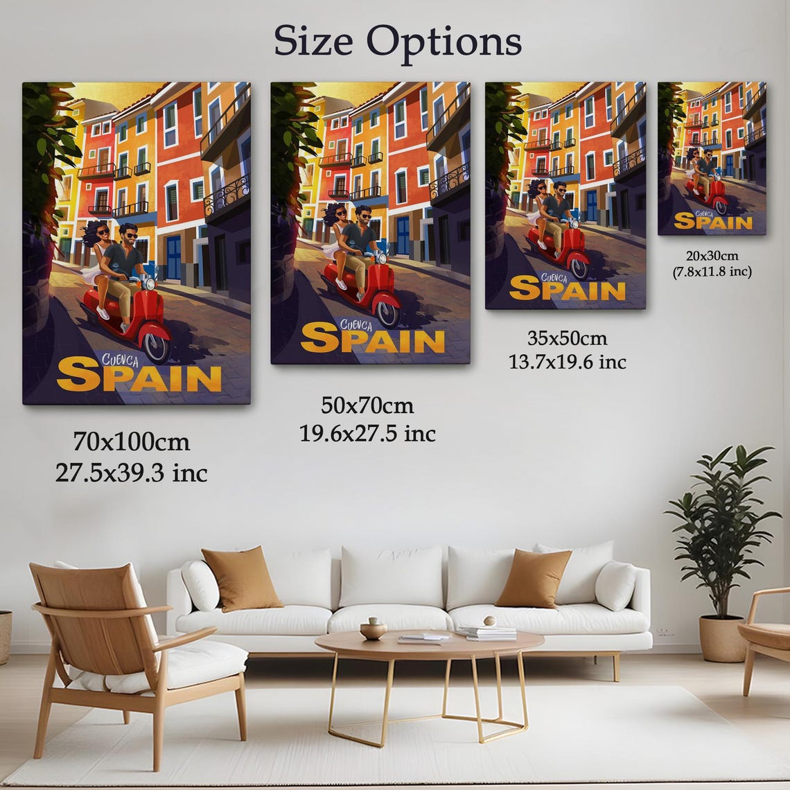 Cuenca Spain Vintage Travel Poster Couple Red Scooter Old Town Print - Image 4