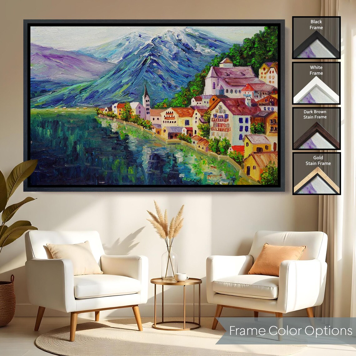 Hallstatt Austria Alpine Village Church Lakeside Oil Painting Poster - Image 2