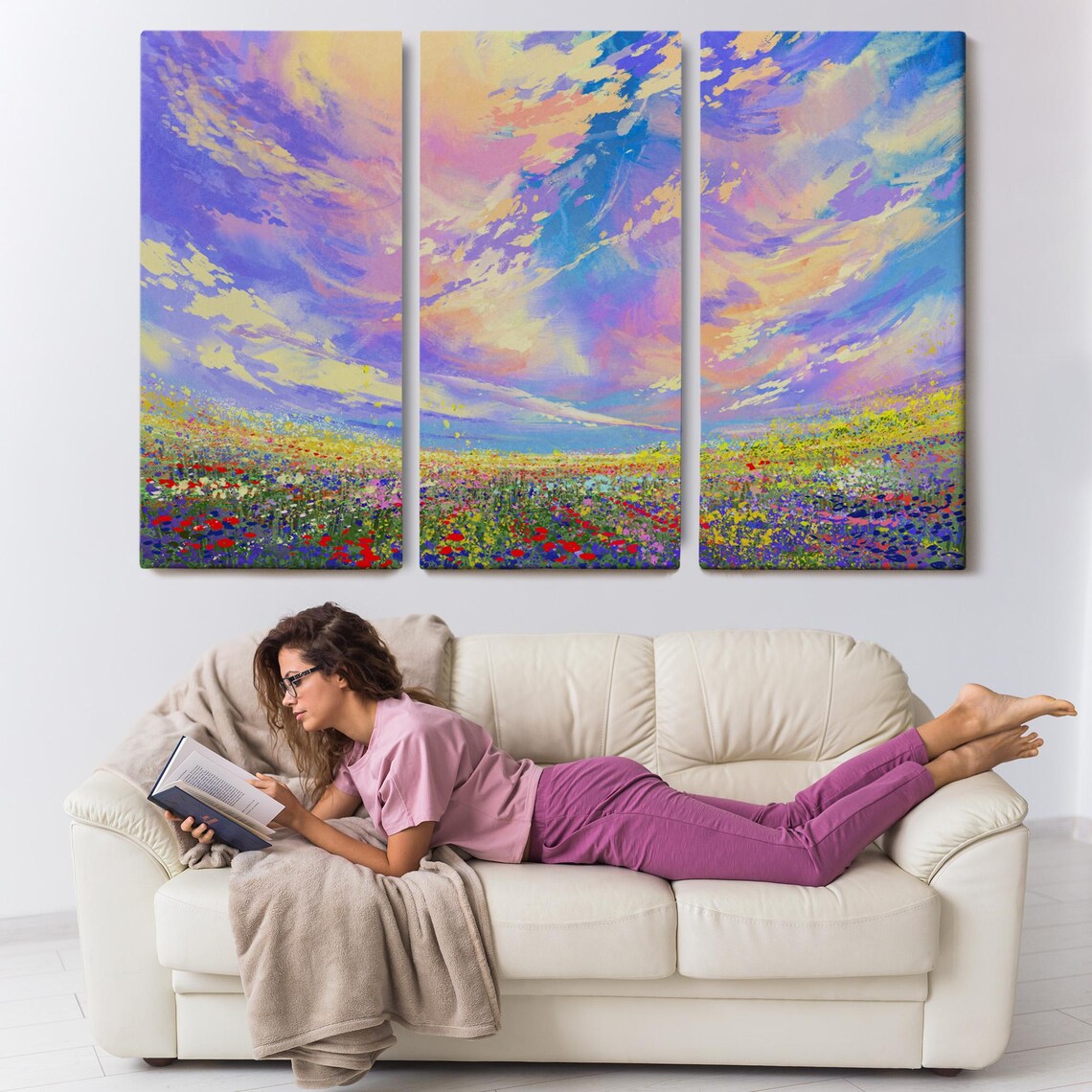 Pastel Swirling Clouds Colorful Wildflower Meadow Painting Poster - Image 3