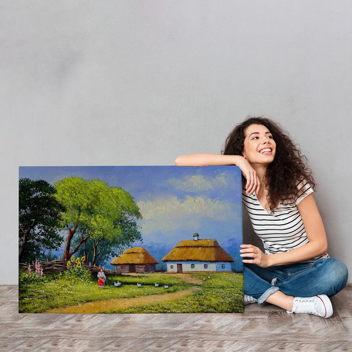 Ukrainian Village Thatched Houses Folk Woman Geese Summer Scene Poster - Image 4